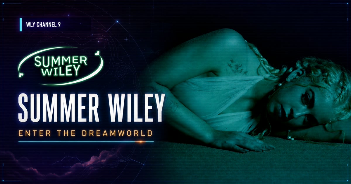 Summer Wiley reclining inside teal-tinted WLY Channel 9 artwork inviting visitors to enter the Dreamworld